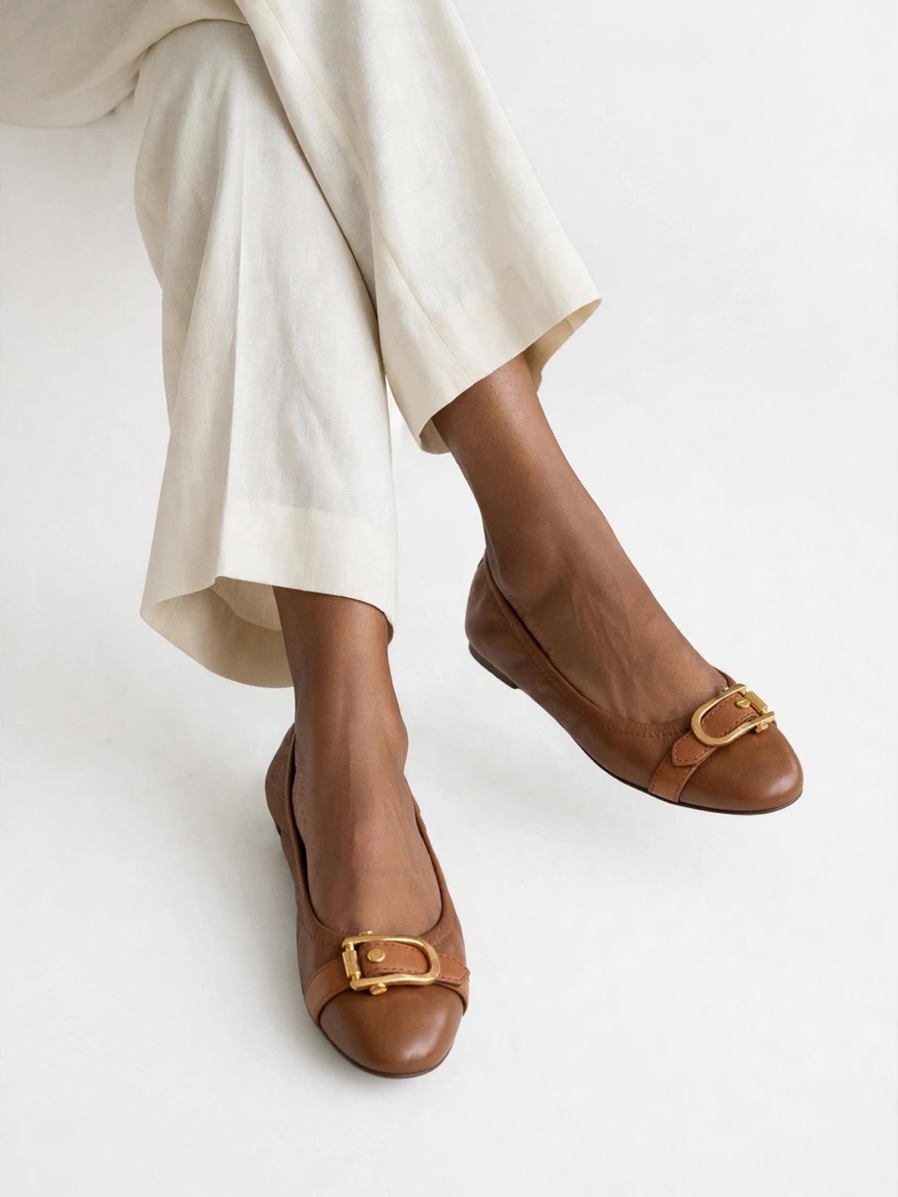 Burberry Tan Brown Leather Ballet Flats with Gold Buckle
